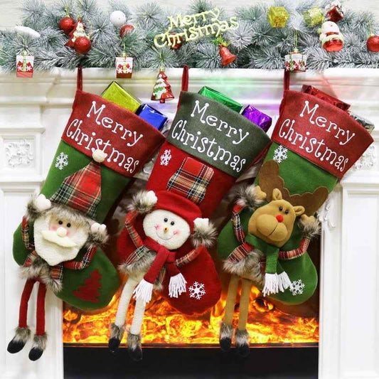 Christmas 3D Plush Big Stockings Set - Santa Snowman Elk Tree Pendant Decorations - DropOnline.co