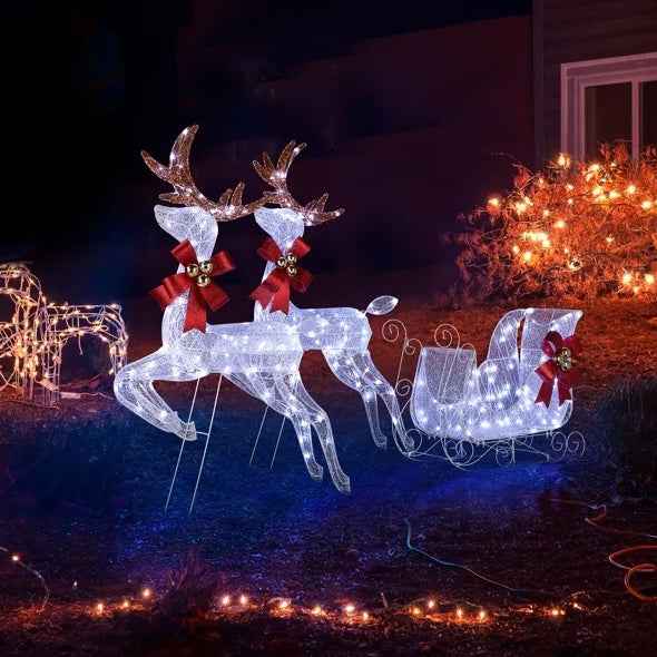 3-Piece Lighted Set - 2 Reindeer & Sleigh with 270 LED White Lights - DropOnline.co