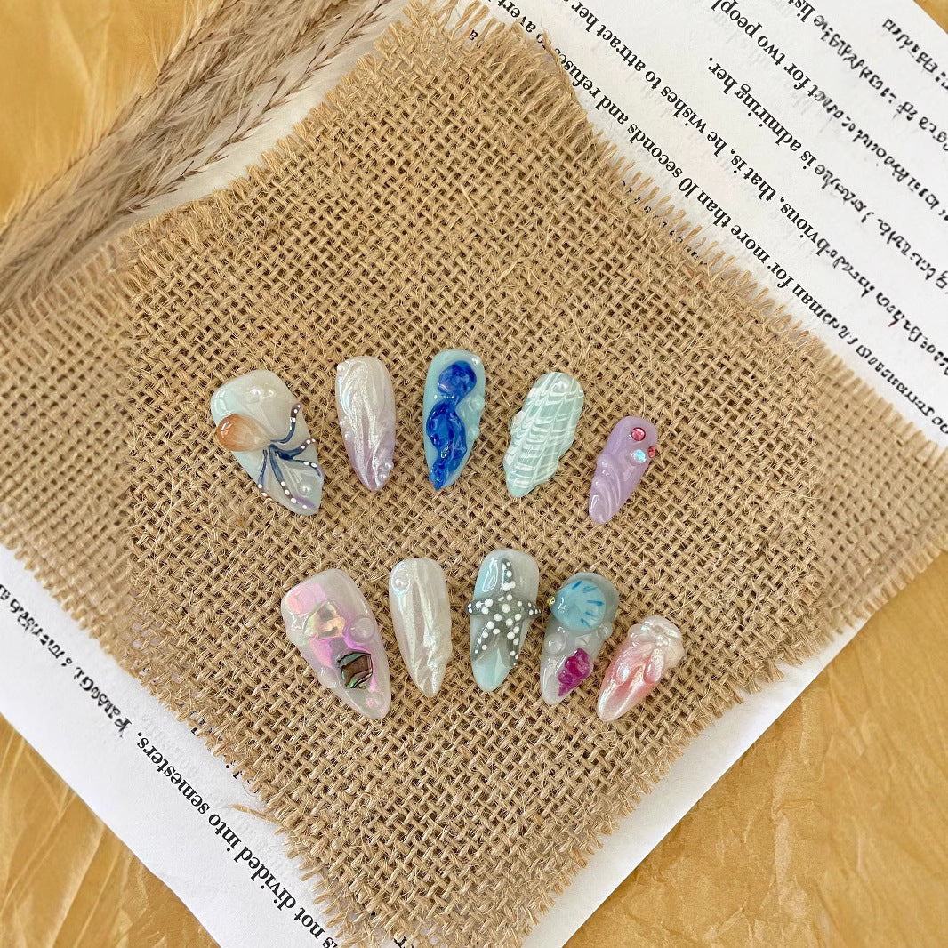 Hand-painted Happy Underwater World White Advanced Long Manicure - DropOnline.co