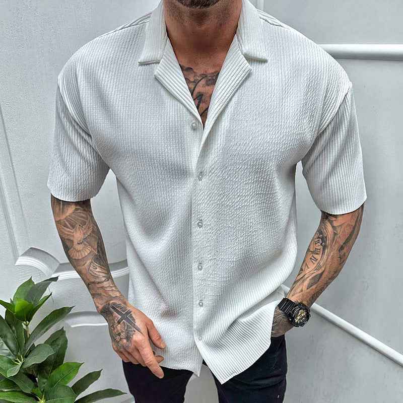 Men's Solid Color Short Sleeve Cardigan Shirt - Casual Button-Up