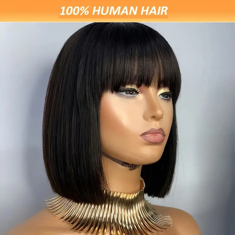 Brazilian Remy Non-toxic Wig, Straight Hair And Short Hair, Black. Human Hair Mechanism, Non-sticky And Non-toxic Wig With Bangs, Suitable For The Whole Scene. - DropOnline.co