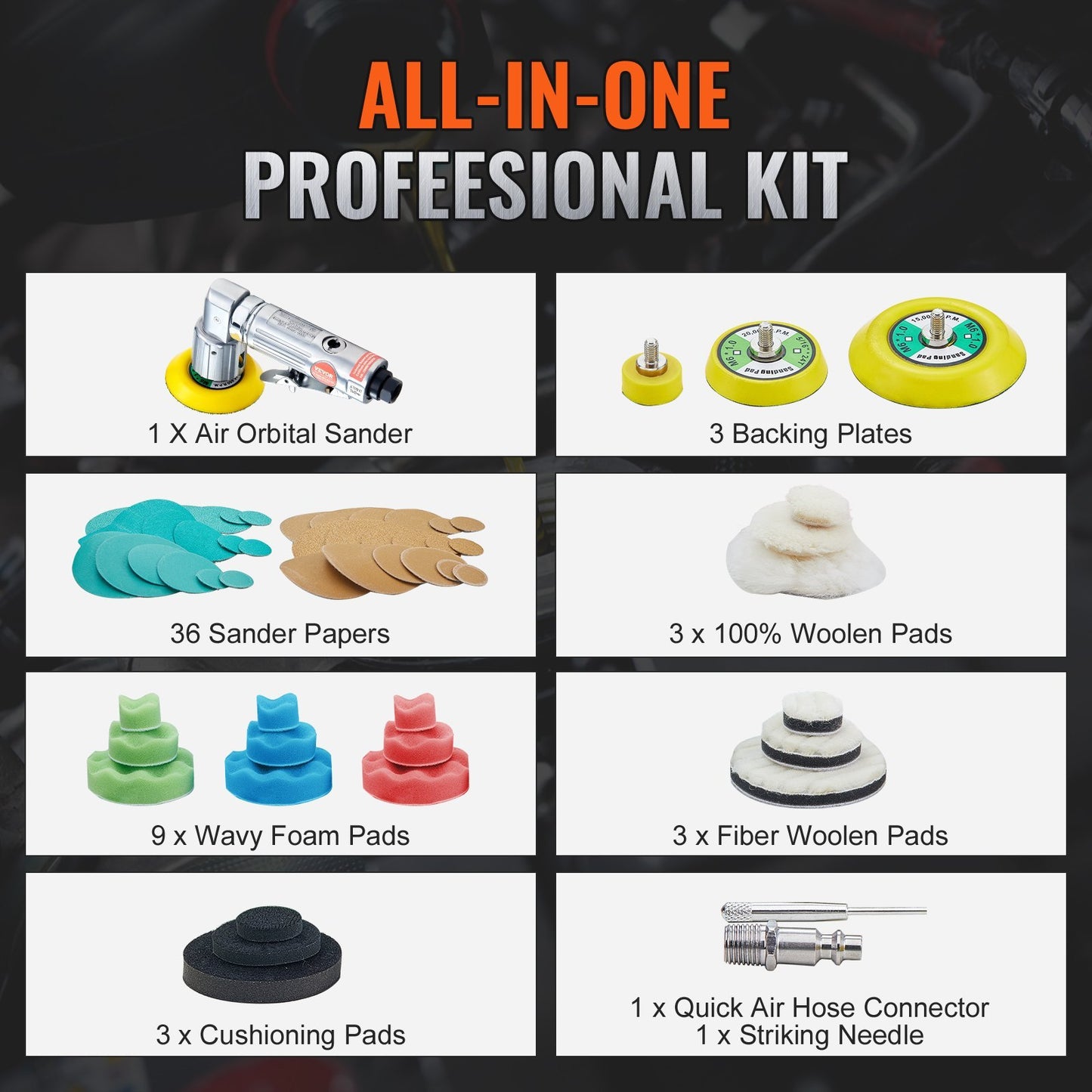 58PCS Air Powered Sander Kit With Sandpapers, Wool Pad, Wavy Sponges - DropOnline.co