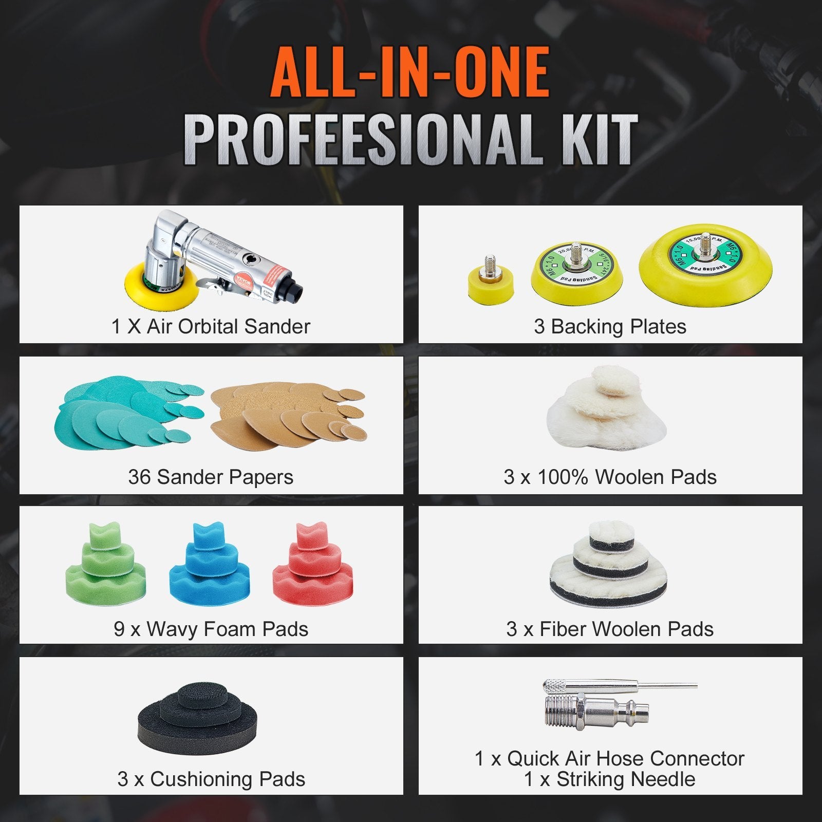 58PCS Air Powered Sander Kit With Sandpapers, Wool Pad, Wavy Sponges - DropOnline.co