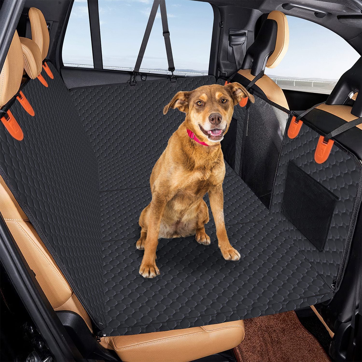 Dog Car Back Seat Cover With Zipper Mesh Window Storage Bags Waterproof 600D Oxford Cloth Car Seat Protector With Slide Flaps For Cars Trucks SUVs - DropOnline.co