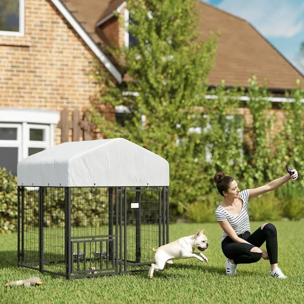 Welded Wire Outdoor Dog Kennel With Rotating & 4 Levels Adjustable Bowls - DropOnline.co