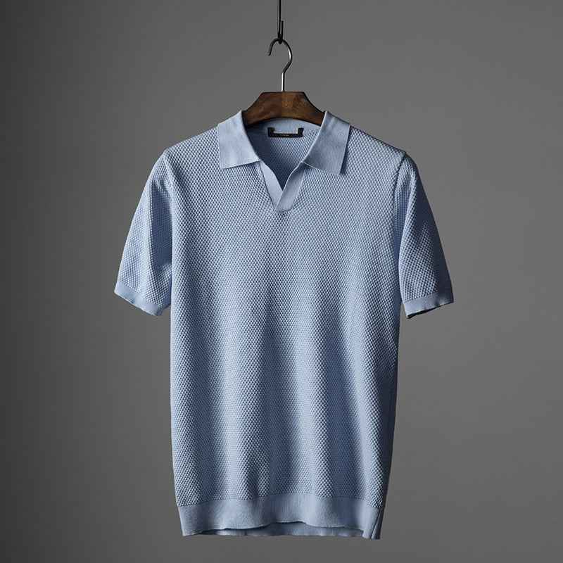 Men's V-Neck Knit Lapel Short Sleeve Top - Casual Fashion Shirt