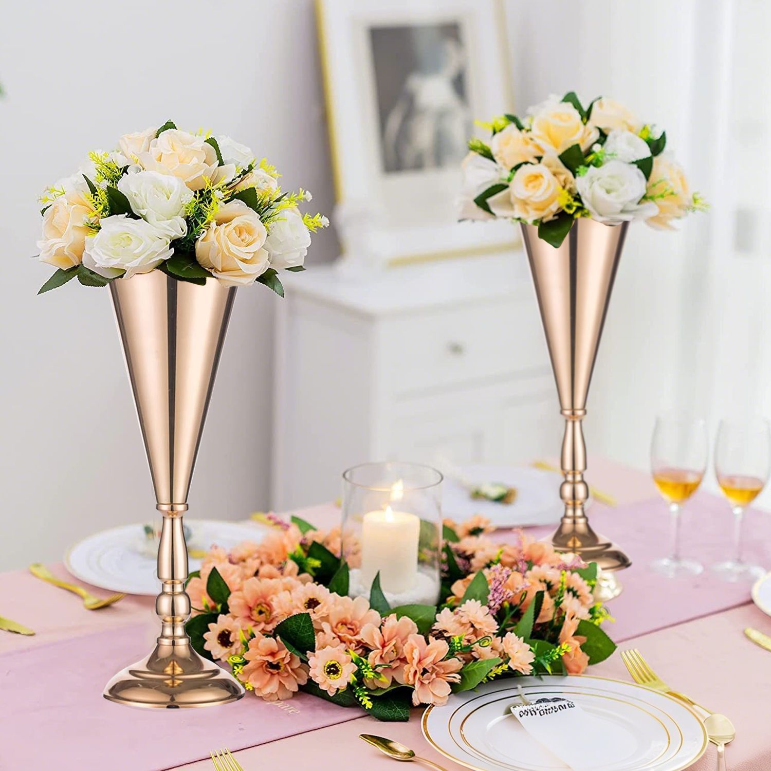 Golden Vase Flower Wedding Centerpieces For Tables 14 In Tall Flower Display Stand Wedding Metal Flower Arrangement Stand Trumpet Vase Tabletop Stand For Home Anniversary Ceremony Party - DropOnline.co