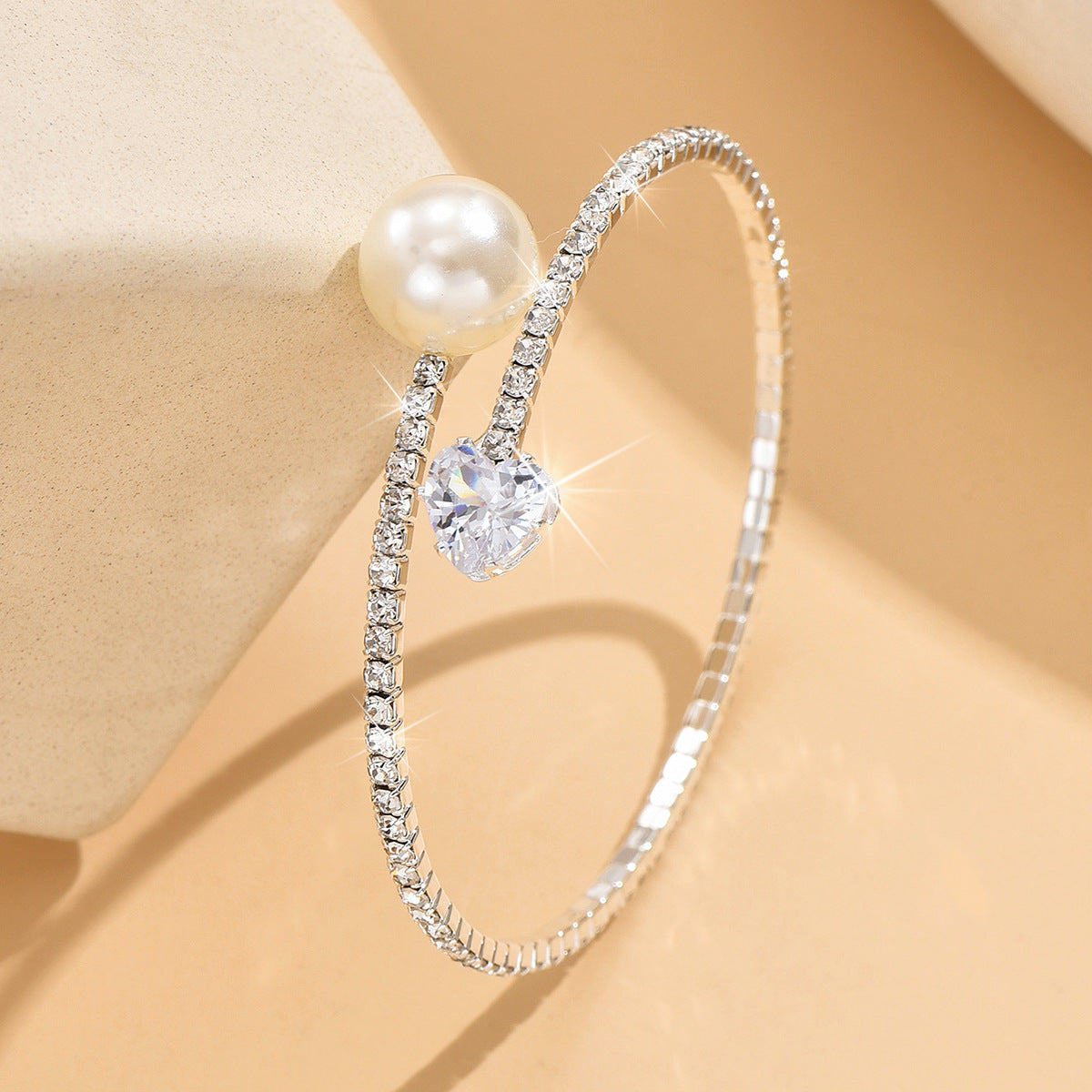 Women's Pearl Heart Full Diamond Bracelet Elastic Jewelry - DropOnline.co