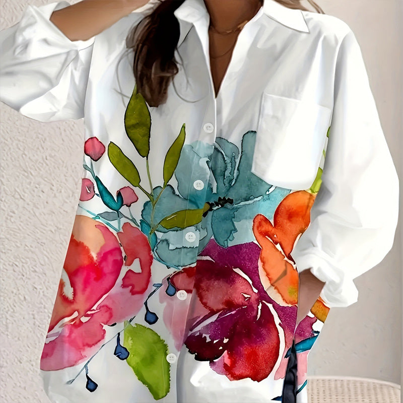 Women's Notch Lapel Long Sleeve Blouse With Colorful Floral Print - Chest Pocket Button-Up Shirt For Spring&Fall - DropOnline.co