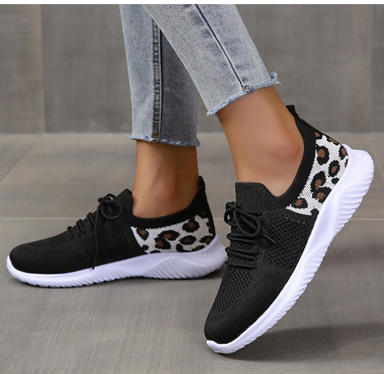White Shoes Women Leopard Print Lace-up Sneakers Sports - DropOnline.co