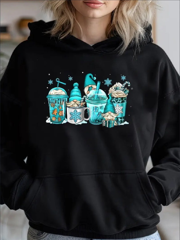Gnomes Christmas Coffee Cups Latte Drink Outfit Christmas Cozy Classic Print Pullover Hoodie, Casual Long Sleeve Hoodie For Sprots - DropOnline.co