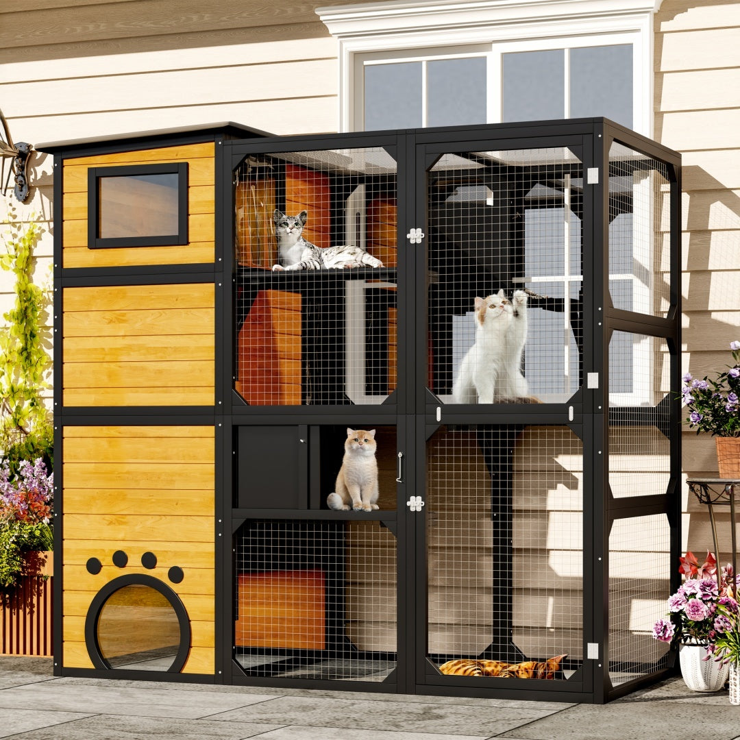 GO Large Cat Catio 4 Tiers Cat Enclosure For Outdoor, Cat House Weatherproof Attached To Window For Multiple Cats With Platforms And Resting Rooms, Brown - DropOnline.co