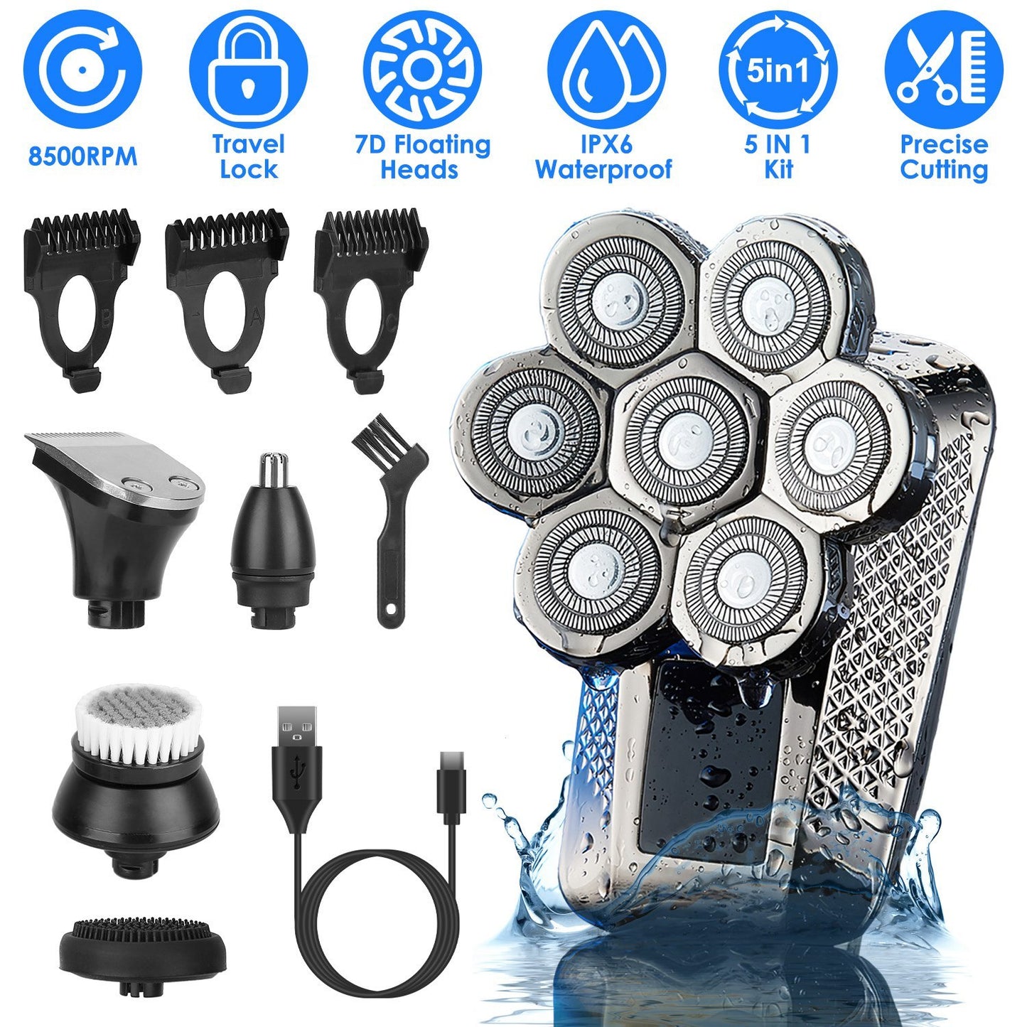 1Pc Head Shavers For Bald Men 5 In 1 7D Electric Rotary Razor Rechargeable Cordless Head Beard Trimmer Shaver Kit IPX6 Waterproof Dry Wet Grooming Kit With 3 Combs - DropOnline.co
