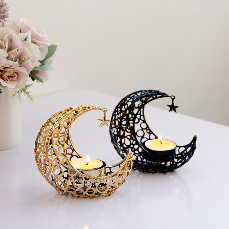 Light Luxury Crescent Moon Star Moon Black Gold Metal Candle Holder Modern Romantic Wedding Christmas Candle Cup Home Decor - DropOnline.co