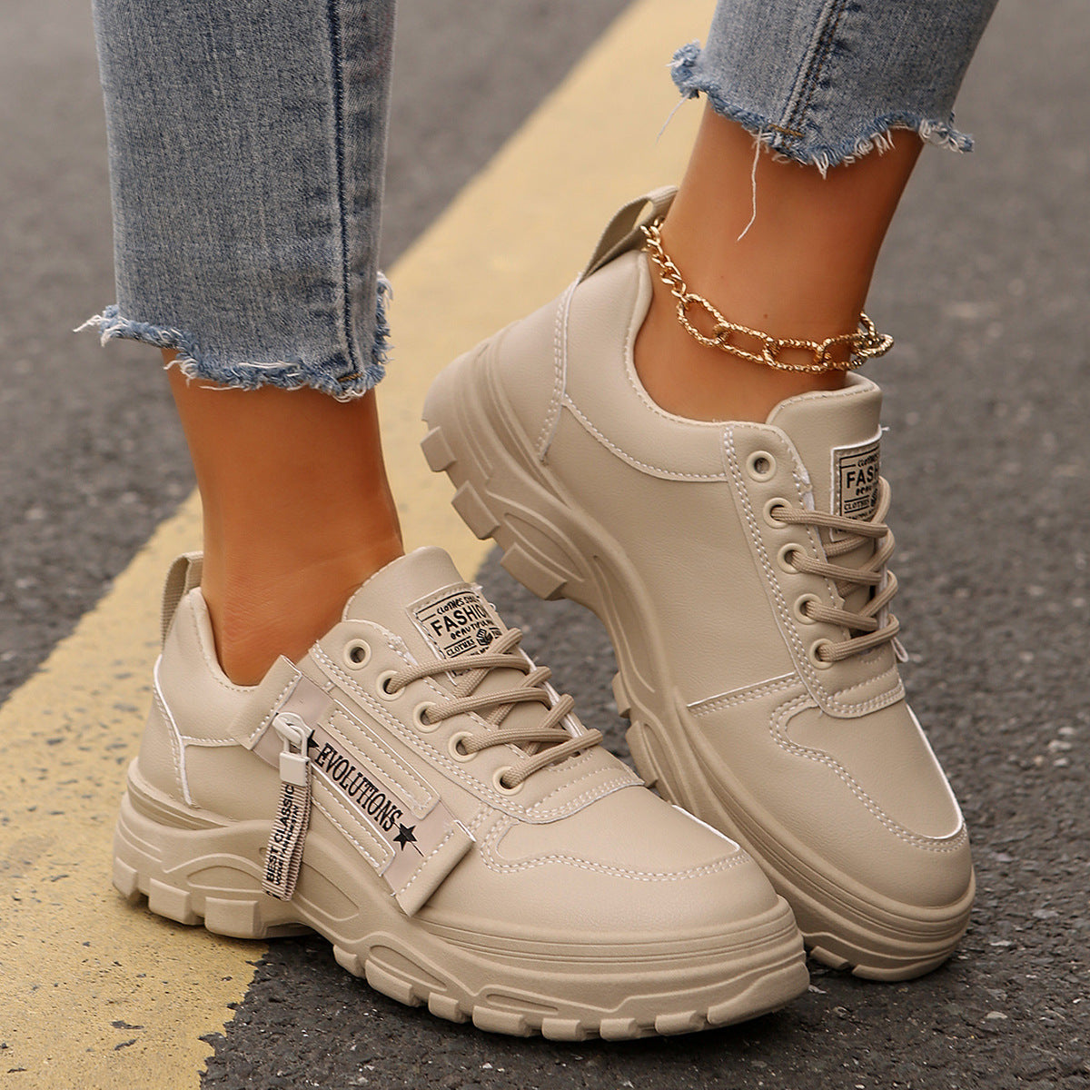 Lace-up Sports Shoes With Side-Zipper Design Fashion Thick-soled Round-toe Casual Shoes For Women Sneakers - DropOnline.co