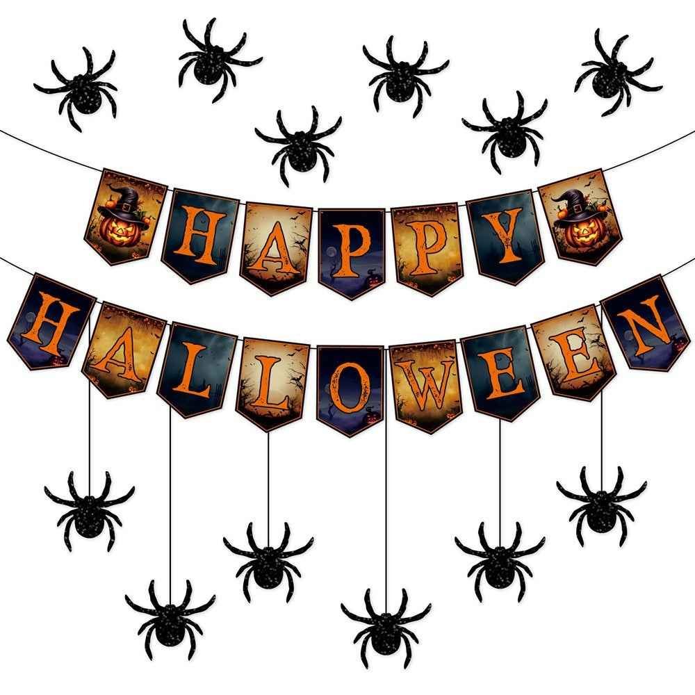 2 Packs Happy Halloween Banner Spider Ornament - Trick Or Treat Bunting Flag - DropOnline.co