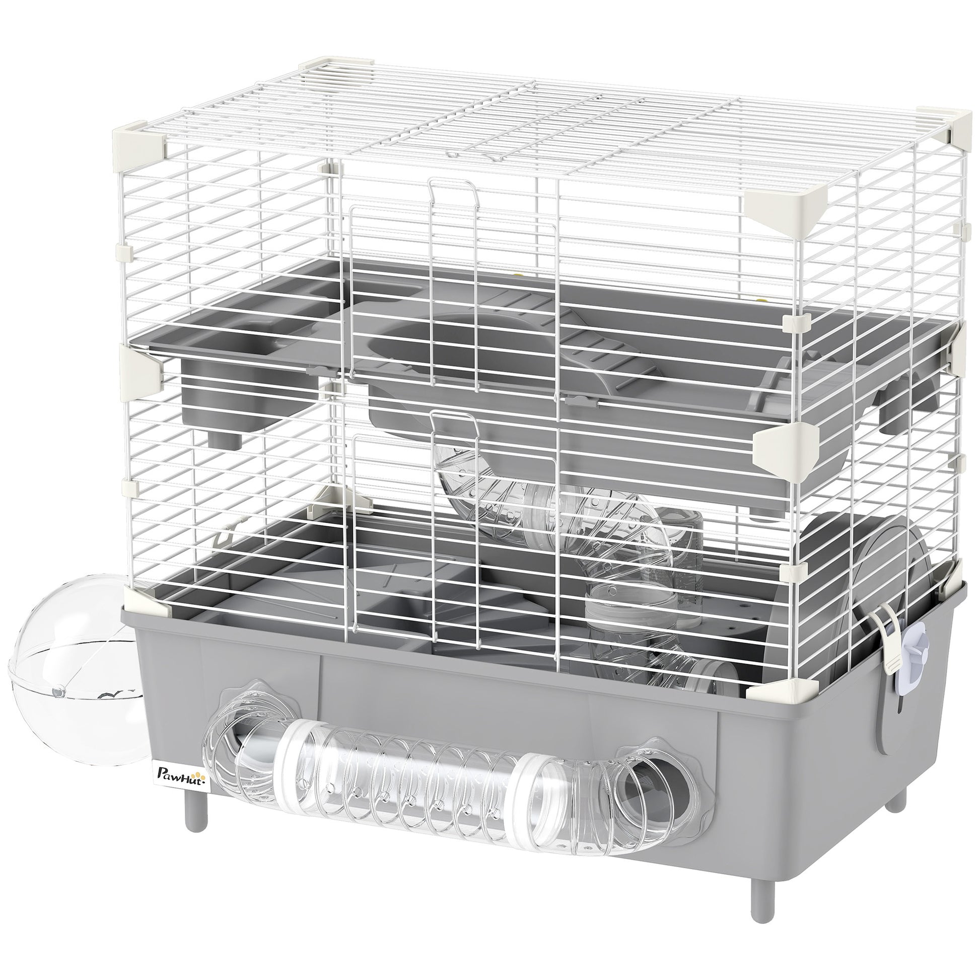 2-Tier Hamster Cage With Sand Bathroom, Running Wheel, Water Bottle, Tubes, Accessories, For Hamster, Gray - DropOnline.co
