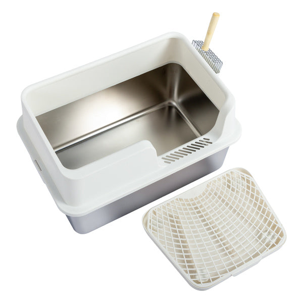 Stainless Steel With Plastic, Buckle Style With Shovel, Foot Pad, White Litter Box - DropOnline.co