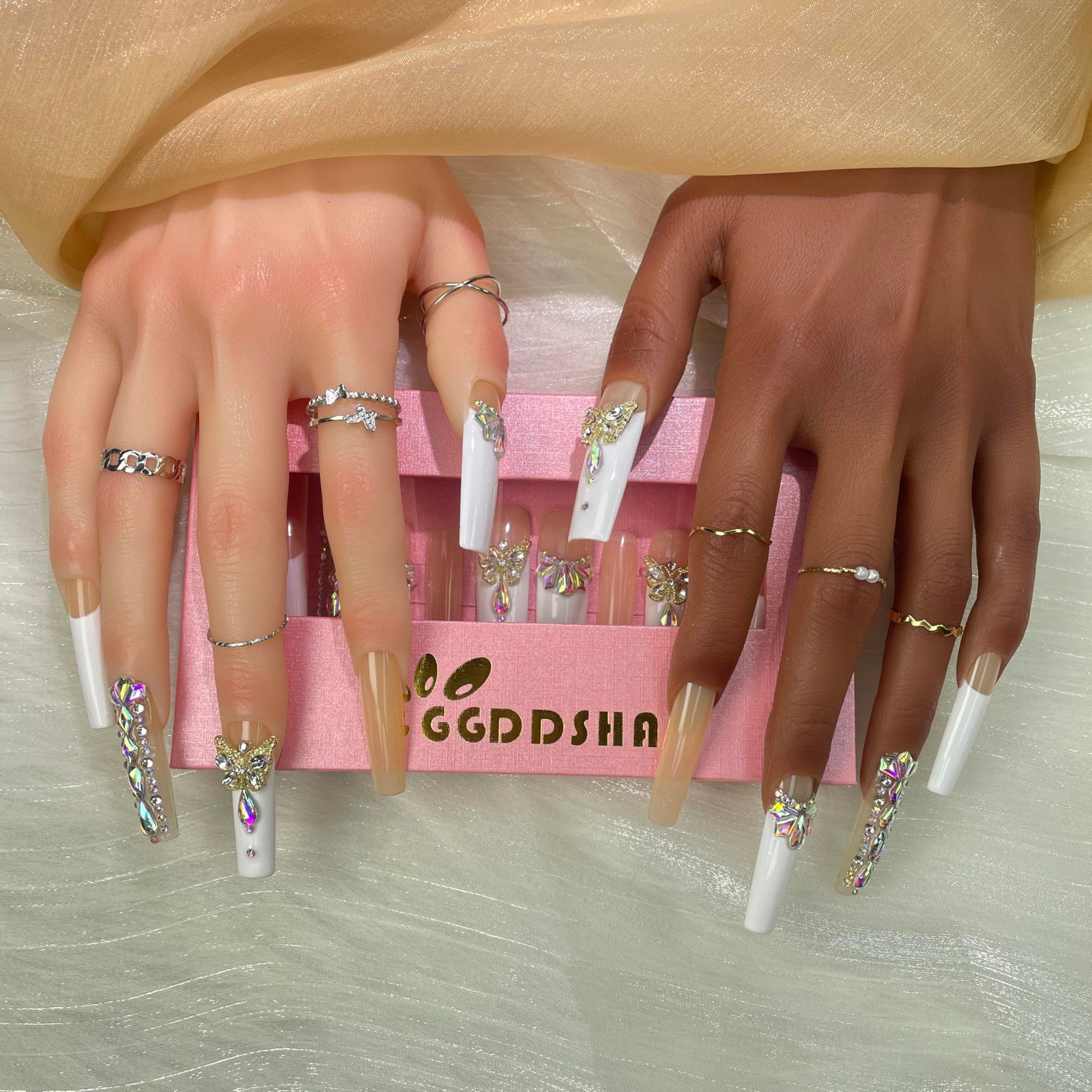 GGDDSHA Nails Press On Nails Medium Fake Nails FalseNails With 3D Flower Designs Nail Press Ons French TipHandmade Acrylic Artificial Nails Summer Natural Stick OnNails For WomenOpal Whisper - DropOnline.co