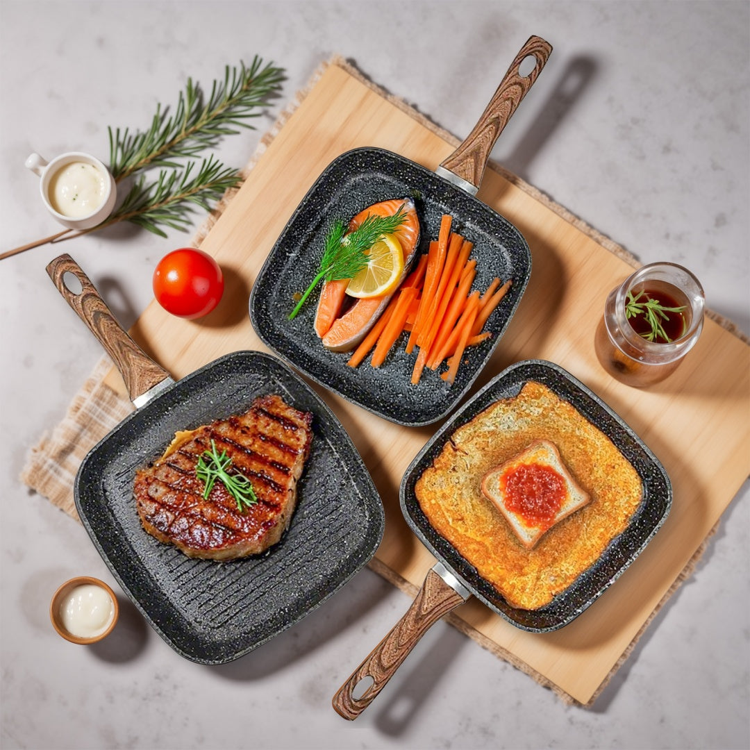 Nonstick Frying Pan Skillet Set, 3 Piece Square Grill Pans With Stay Cool Handle & PFOA Free, Compatible With All Stovetops - DropOnline.co