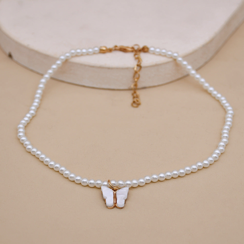 Elegant White Pearl Choker Necklace - Small Round Pearl Wedding Butterfly Necklace - DropOnline.co