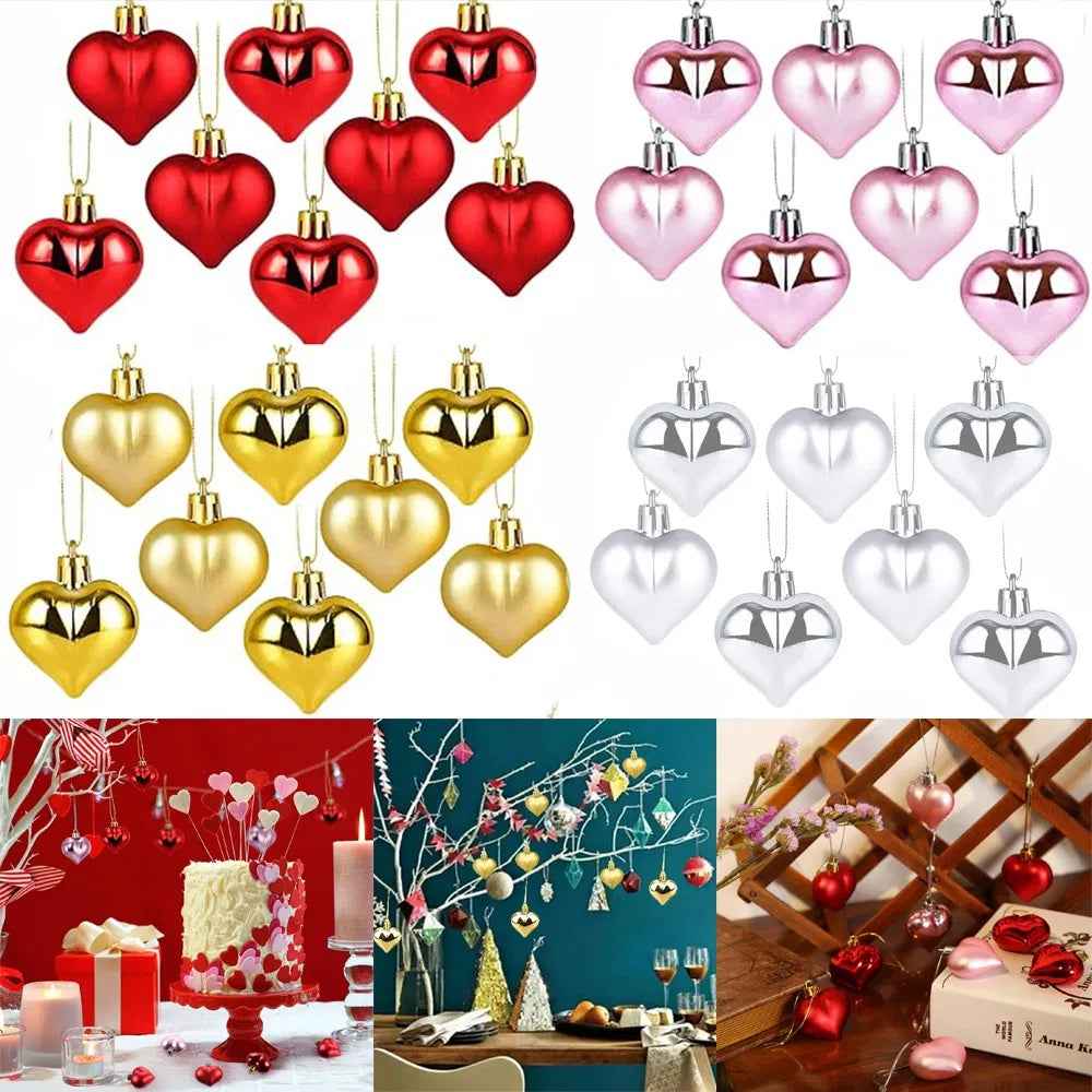 12PCS Christmas Heart Shape Ornaments - Gold Red Pink Silver Hanging Pendants - DropOnline.co