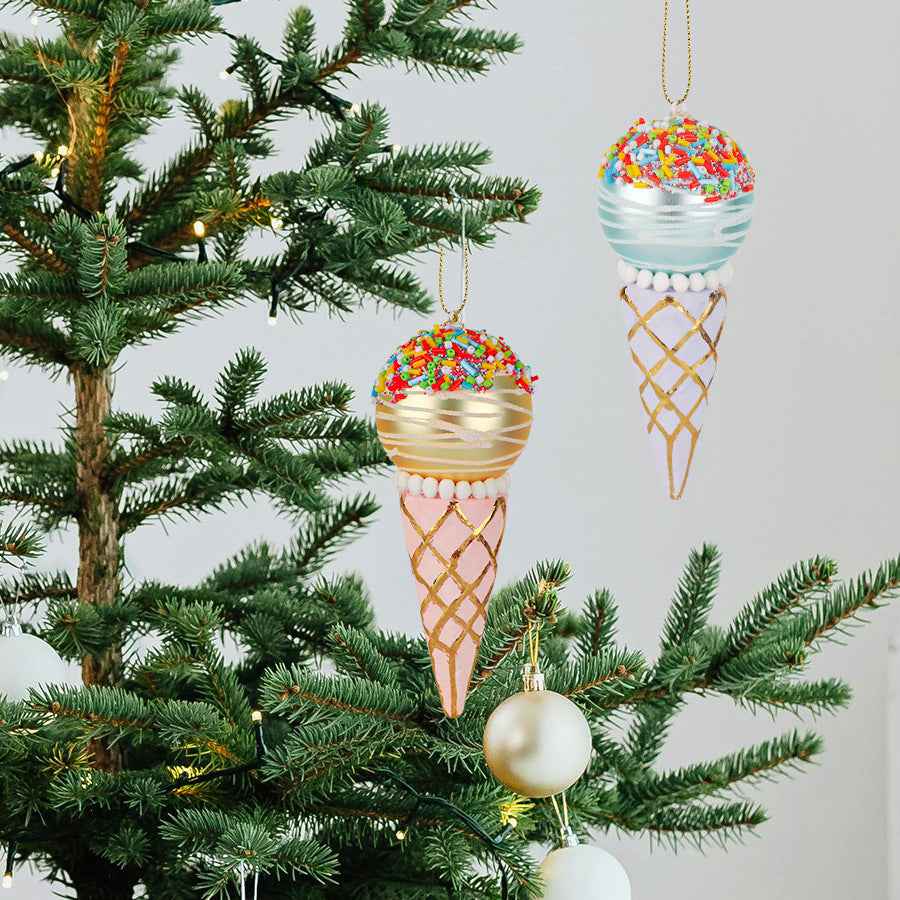 Glass Ice Cream Cone Christmas Ornament - Decorative Pendant Tree Decoration (2pc Set) - DropOnline.co