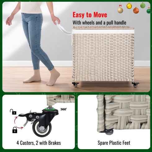 Laundry Hamper with Lid - PE Rattan 160L with Removable Bags & Wheels, Gray - DropOnline.co