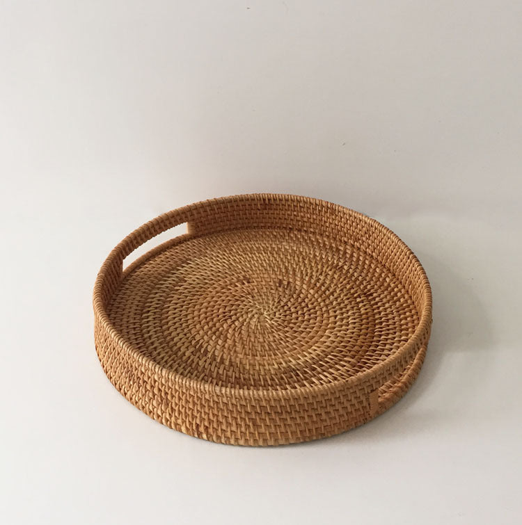 Rattan Snack Storage Tray Round Basket Hand Woven Decor Bread Fruit Food Display R9JC - DropOnline.co