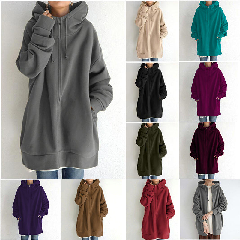 Women's Oversized Hooded Zip-Up Sweatshirt - Velvet-Lined Long Coat - DropOnline.co