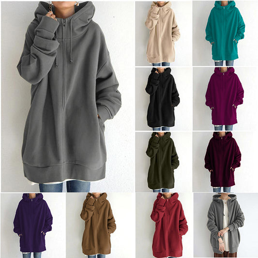 Women's Oversized Hooded Zip-Up Sweatshirt - Velvet-Lined Long Coat - DropOnline.co