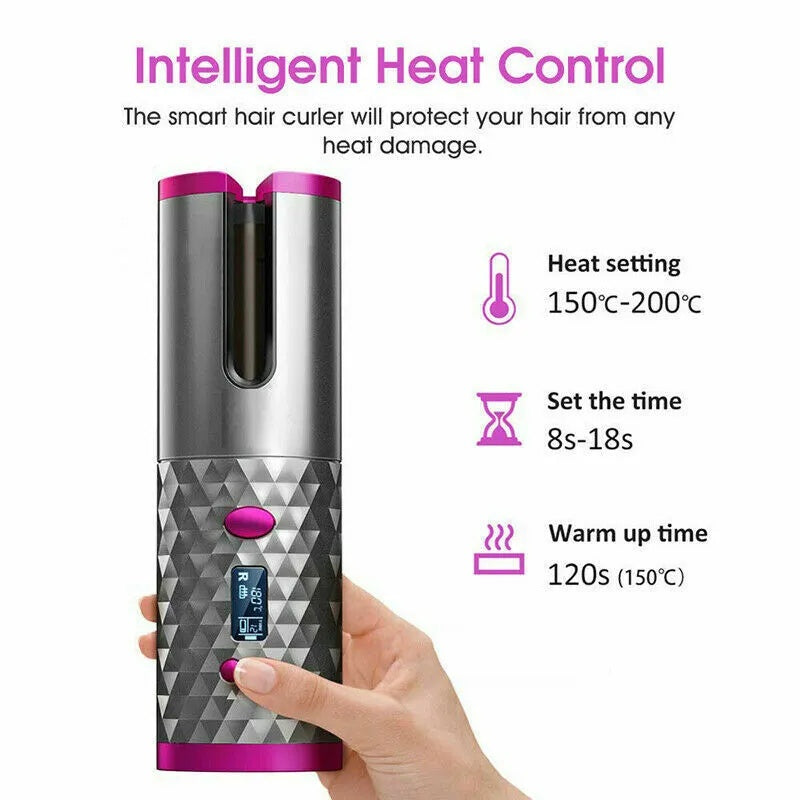 Hair Curler LCD Cordless Auto Rotating Waver Curling Iron Ceramic Wireless USA - DropOnline.co