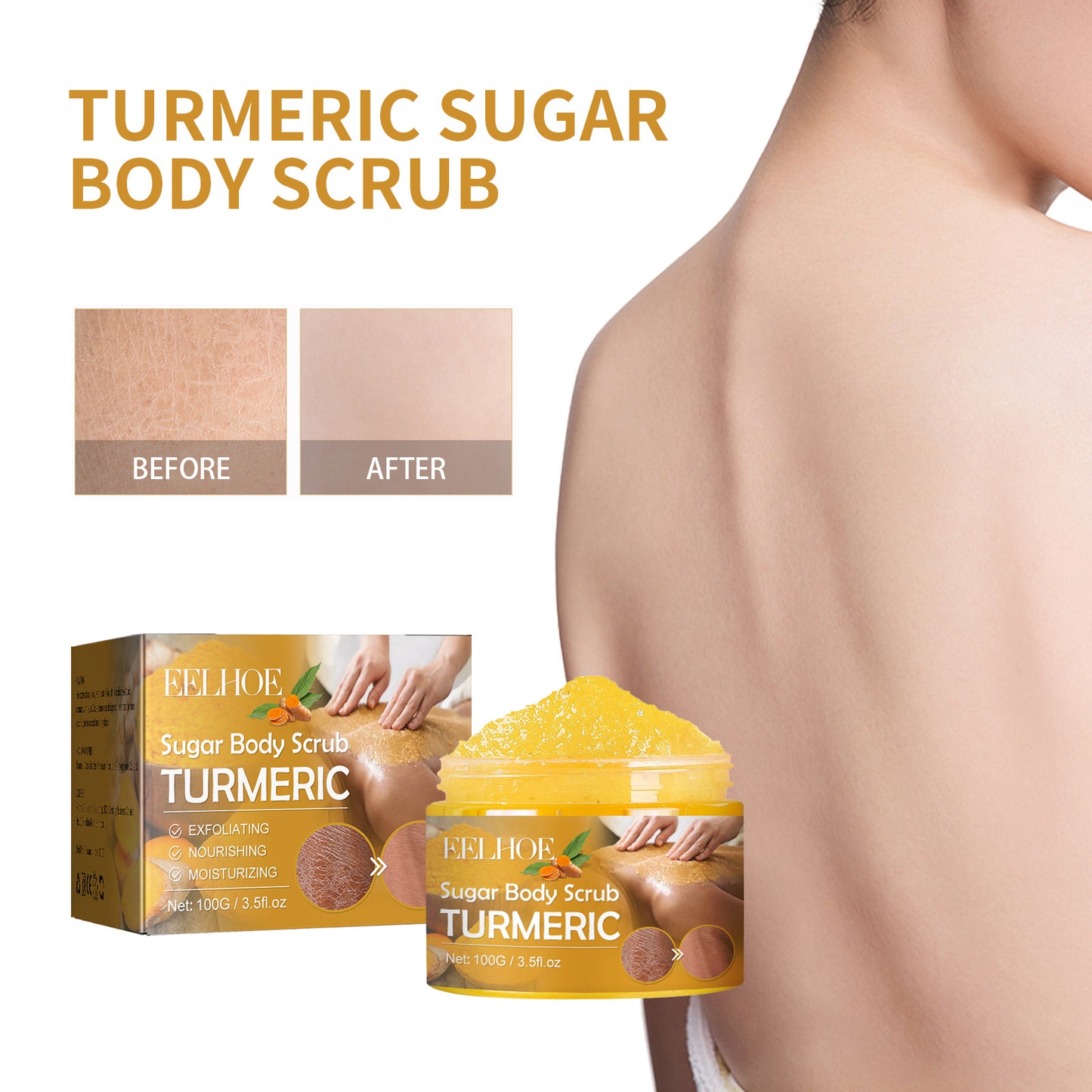 EELHOE Turmeric Body Scrub Lightens Acne Marks, Moisturizes, Refreshes, Smoothes, Rejuvenates, Cleanses & Exfoliates Body Scrubs - DropOnline.co