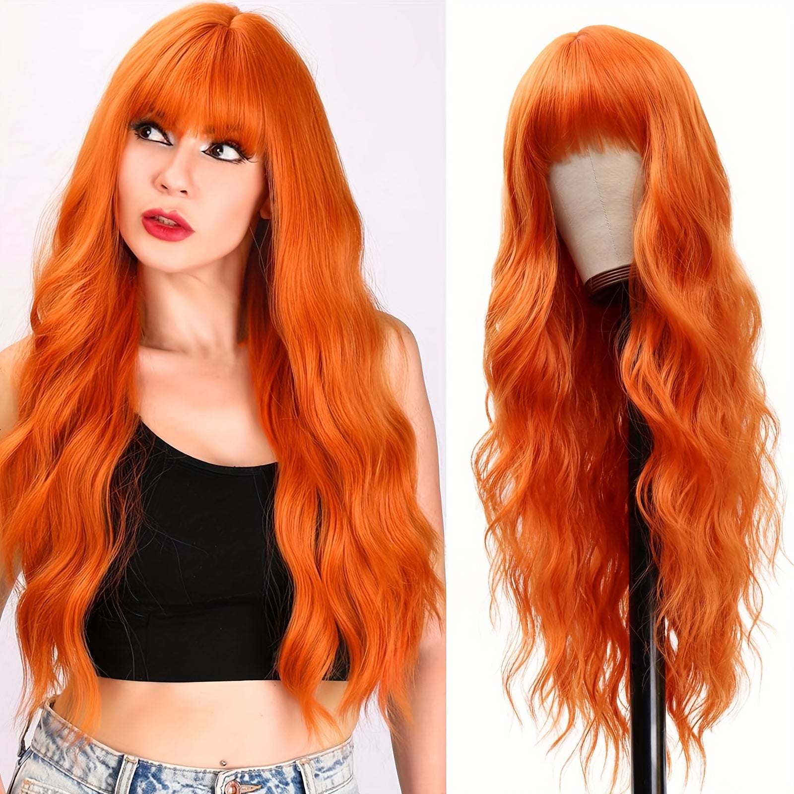 Elegant Long Orange Non-toxic Wig, Synthetic Wavy Hair Wig For Ladies, 28-inch Long Hair, Suitable For The Whole Scene - DropOnline.co