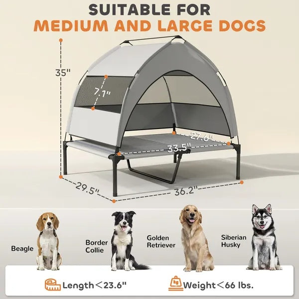 Elevated Dog Bed With Removable Canopy, Portable Outside Raised Pet Cot With Cooling Pad, Storage Bag - DropOnline.co