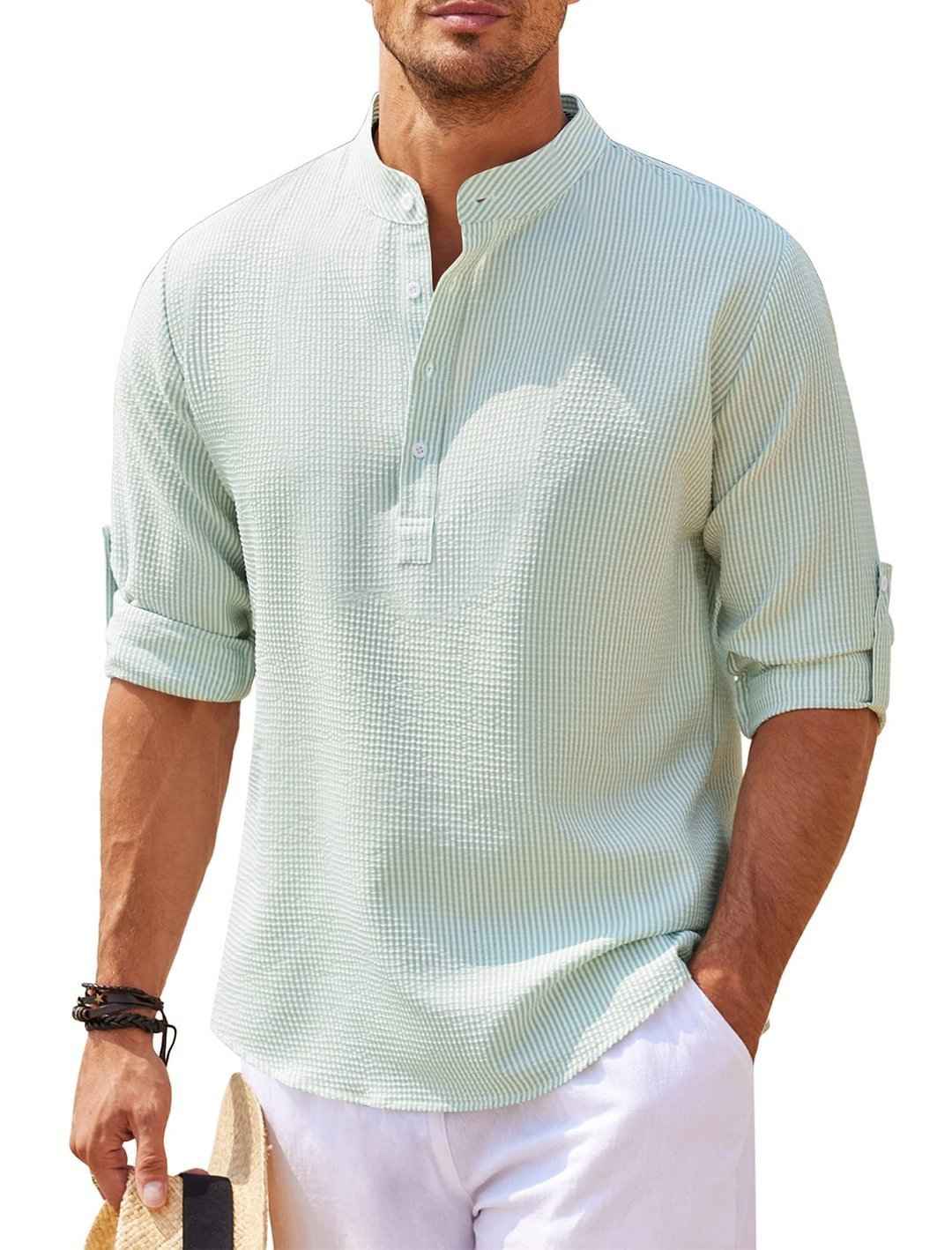 Men's Long Sleeve Stand Collar Shirt - Solid Color Casual Button-Up