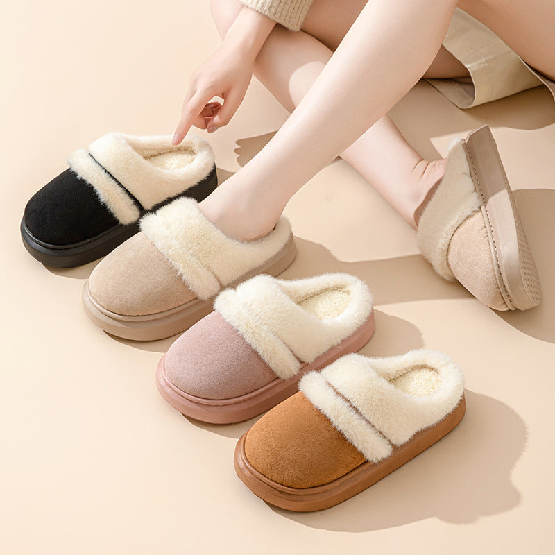 Fashion Warm Cotton Slippers For Women Leisure Thick Bottom Non-slip Plus-velvet House Shoes Winter Bedroom Floor Suede Slipper - DropOnline.co