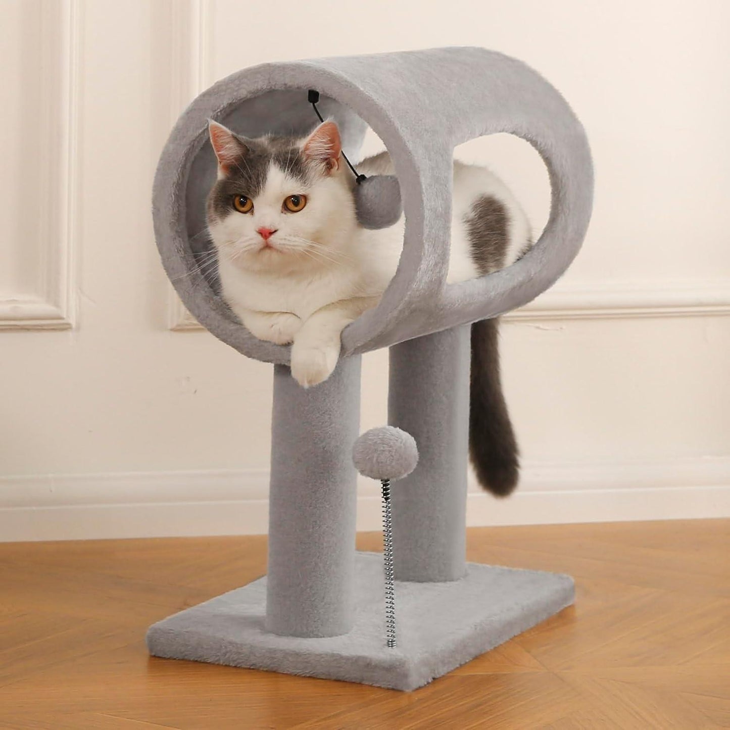 Gray Indoor Cat Tree With Hanging Ball 20.5Cat Tree With Tunnel Bed And Scratching Post Cat Tower - DropOnline.co