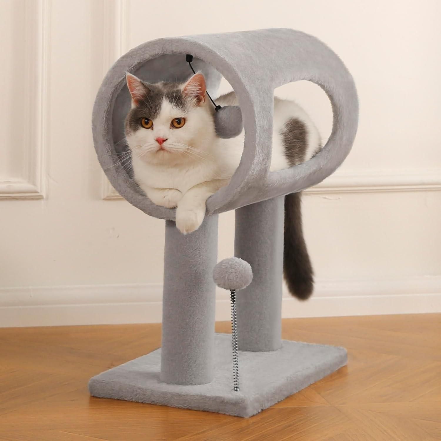 Gray Indoor Cat Tree With Hanging Ball 20.5Cat Tree With Tunnel Bed And Scratching Post Cat Tower - DropOnline.co