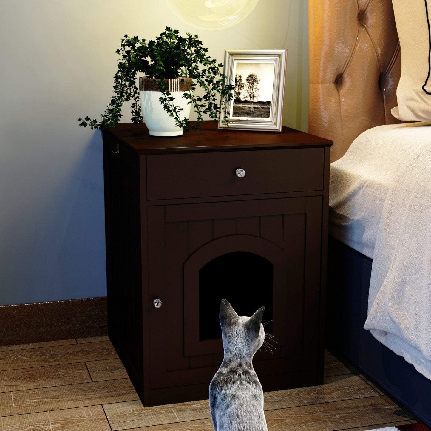Wooden Pet House Cat Litter Box Enclosure With Drawer & Side Table - DropOnline.co