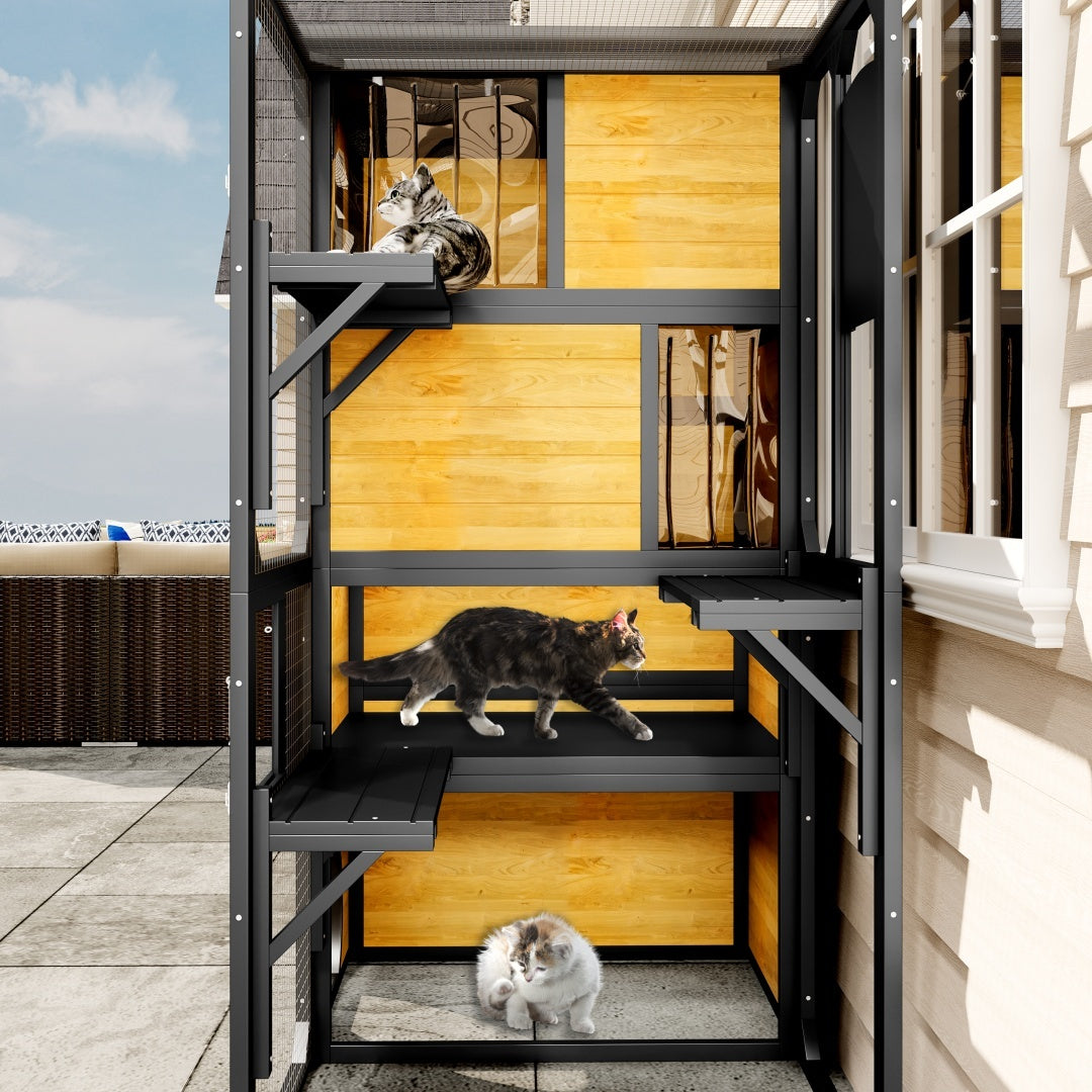 GO Large Cat Catio 4 Tiers Cat Enclosure For Outdoor, Cat House Weatherproof Attached To Window For Multiple Cats With Platforms And Resting Rooms, Brown - DropOnline.co