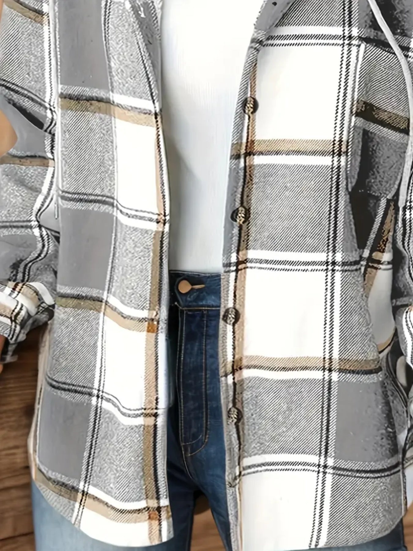 New Plaid Pattern Long Sleeved Hook And Loop Wool Lined Hooded Jacket For Warmth, Women's Plaid Hooded Drawstring Jacket, Single Breasted Closure, Comfortable And Casual - DropOnline.co