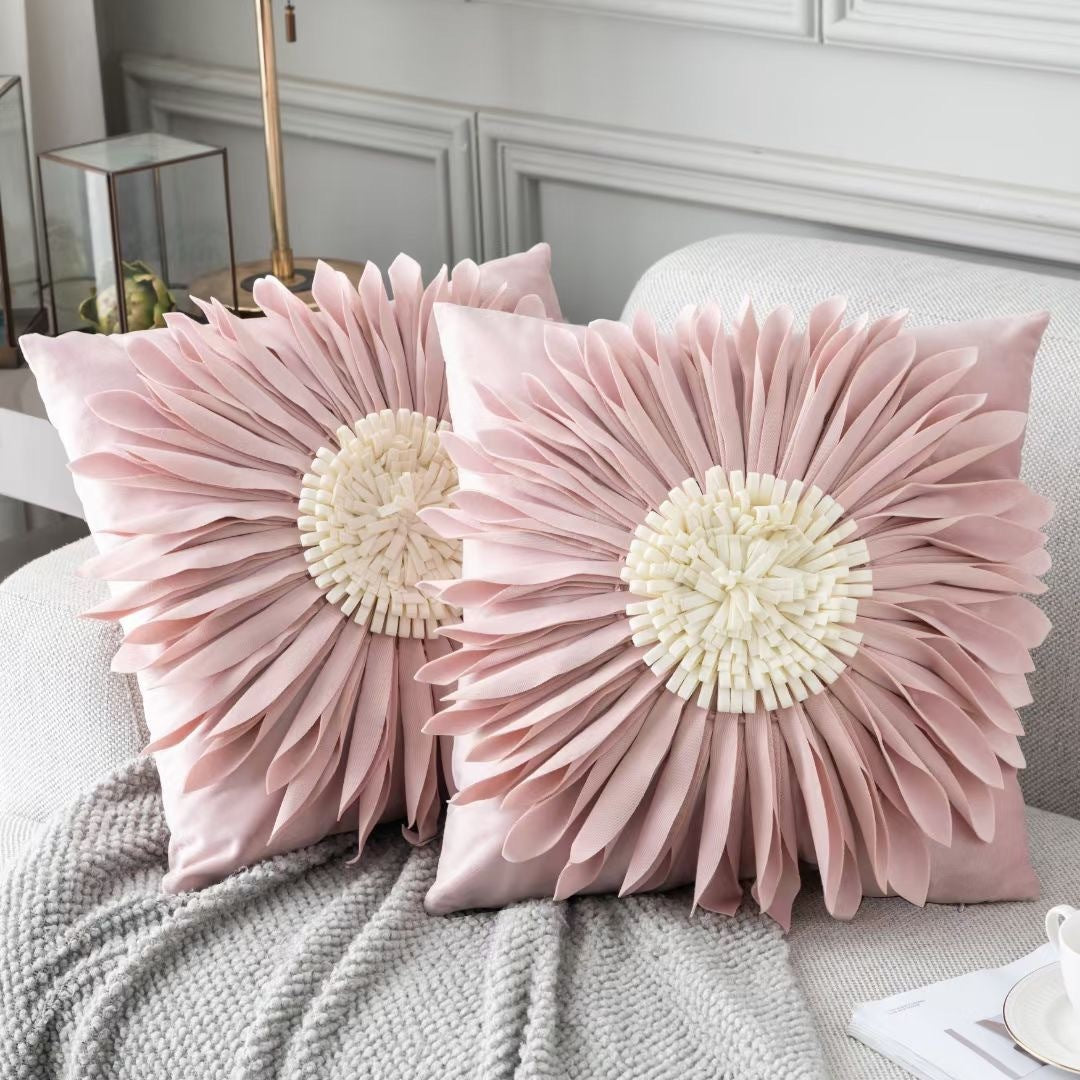 Fashion Modern Style White Throw Pillows Velvet Stitching 3D Chrysanthemum Cushion Waist Pillow Blue Cushion Case - DropOnline.co