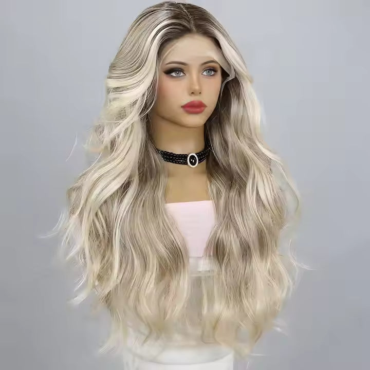 European And American Fashion T-shaped Lace Gold Gradient Wavy Curly Hair Wigs Shipped From Warehouse - DropOnline.co