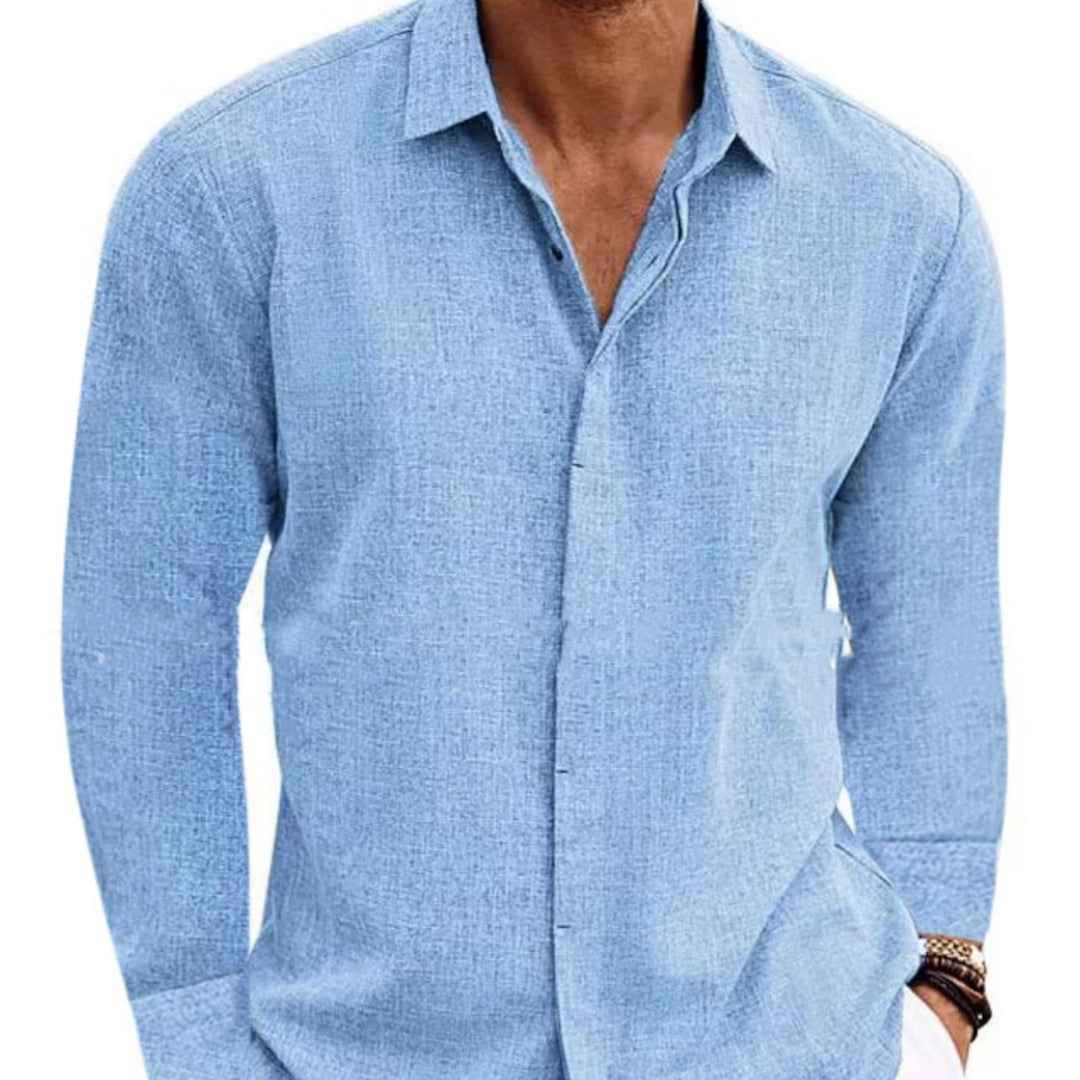 Men's Long Sleeve Cotton Linen Undershirt - Solid Color T-Shirt
