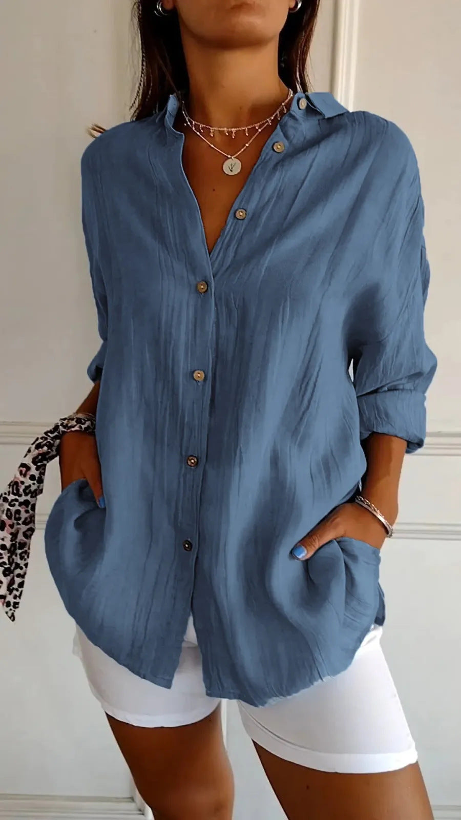 Women's Lapel Long Sleeve Shirt - Single-Breasted Pleated Button-Up - DropOnline.co