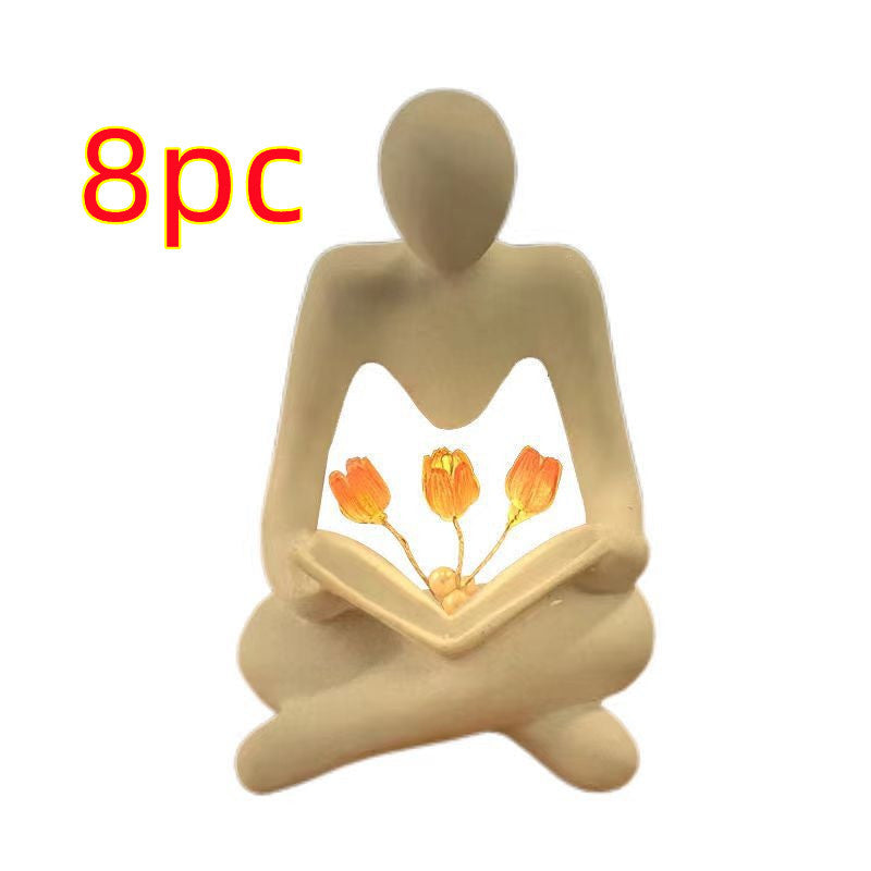 Nordic Abstract Thinker Statue Lights Creative Reader Tulip Book Sculpture Night Lamp Desk Bookshelf Figurines Decor - DropOnline.co