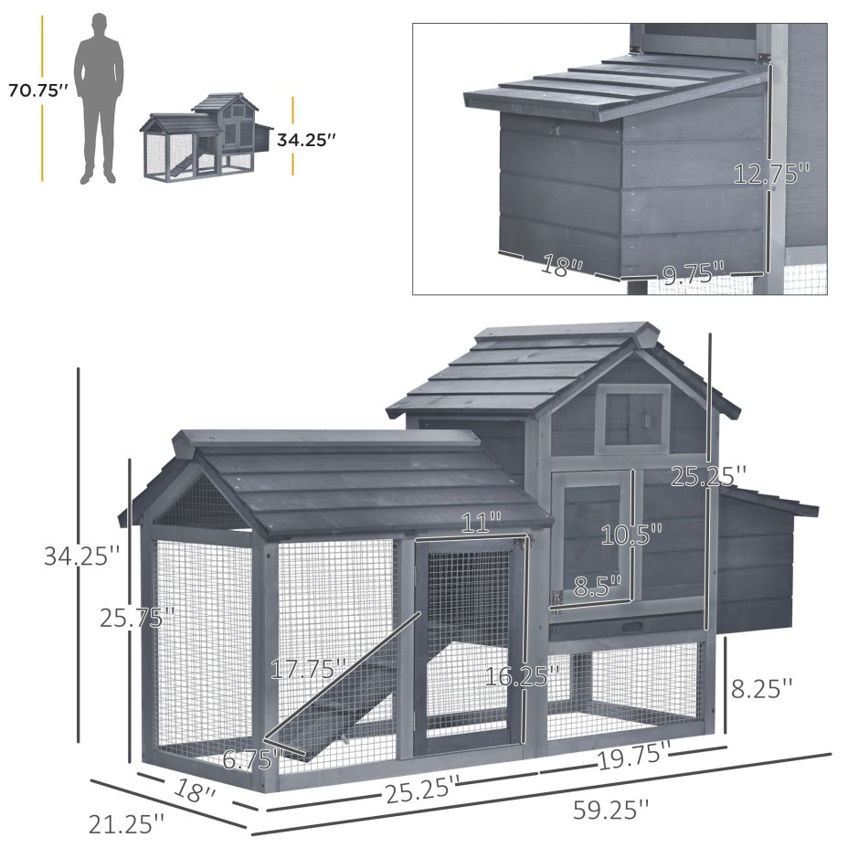 Chicken Coop Kit 59 Outdoor Solid Wood Enclosed House Ventilation Gray - DropOnline.co
