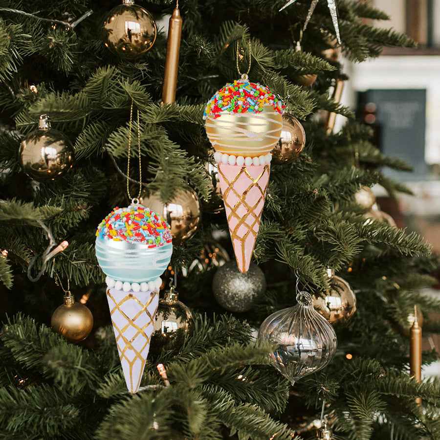 Glass Ice Cream Cone Christmas Ornament - Decorative Pendant Tree Decoration (2pc Set) - DropOnline.co