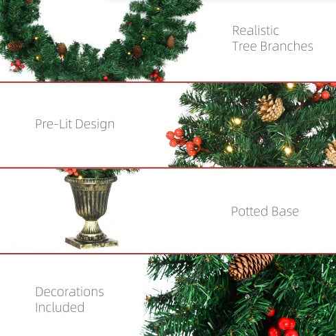 HOMCOM Prelit Holiday Christmas 4-Piece Set - Garland Wreath & 2 Entrance Trees - DropOnline.co